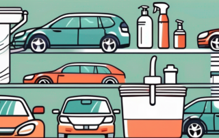 A variety of car cleaning tools such as a bucket with soapy water