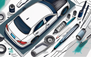 A white car paint pen (auto lackstift) along with various car parts showing scratches and dents