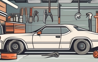 A car in a garage with various tools around
