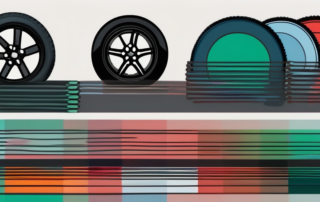 Several car tires in a variety of colors (such as red