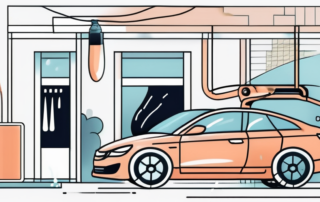 A car being washed with various cleaning tools like a bucket