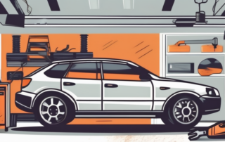 A car in a garage with various mechanic tools scattered around