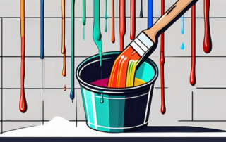 A paint grid being dipped into a paint bucket