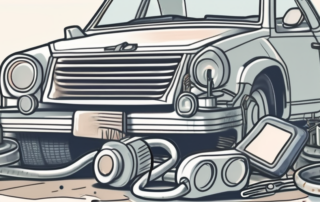 A broken car air conditioning system with various tools around it
