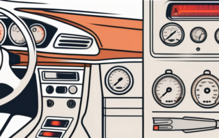 A car dashboard with various service warning lights illuminated