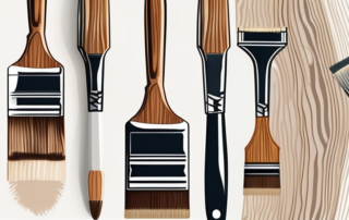 A paintbrush applying a textured structure paint on a wooden surface