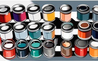 A variety of car paint cans with different colors and a paintbrush