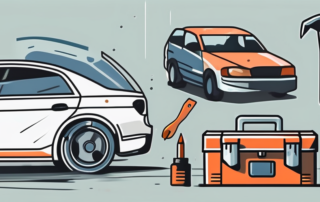 A car with visible paint damage and a toolbox with various repair tools next to it