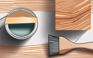 Different types of sandpaper next to a wooden surface and a paint can with a brush