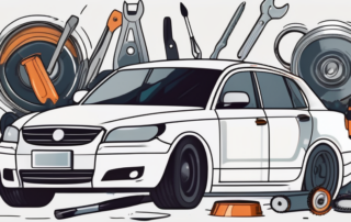 A car with areas marked for repair