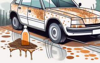 A car parked under a tree with spots of tree resin on its surface