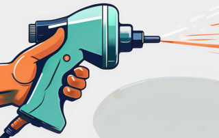 A spray gun applying a fresh coat of paint to a pe (polyethylene) plastic object