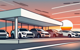 A car dealership lot with a variety of cars