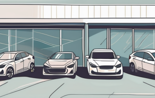 A car dealership with various cars on display