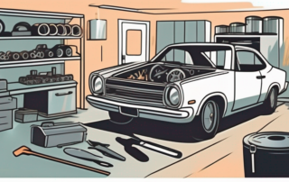A car in a garage with various tools scattered around
