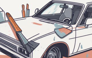 A car with visible fiber glass filler being applied on its body