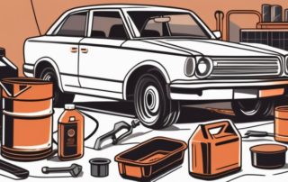 A car in a garage with an oil pan underneath and various mechanic tools scattered around