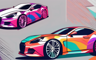 A car in the process of being wrapped in a vibrant colored foil