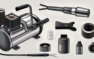 An airbrush compressor with various parts labeled
