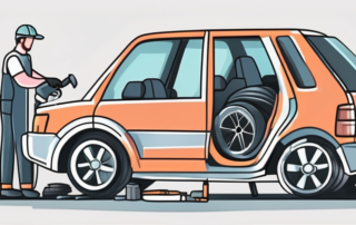 A car with flat tires in the process of being repaired