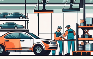 A busy auto repair workshop with various tools