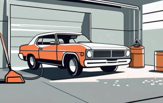 A car in a garage with a can of primer and a paint sprayer nearby