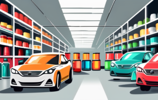 A variety of car paint cans with different colors and brushes