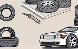 A car in an auto repair shop with various car parts like tires