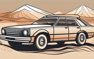 A car covered in sahara dust with a desert landscape in the background