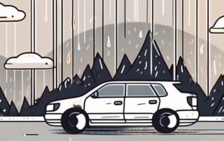 A car parked in a driveway with various weather elements like sun