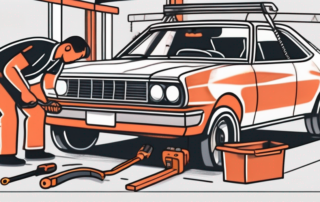 A car being inspected with various tools and equipment