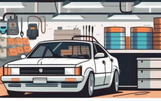 A car in a garage with various painting equipment around