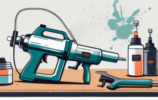 A spray gun with various components labeled