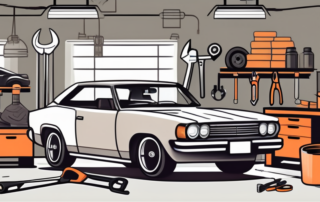 A car in a garage with visible signs of damage