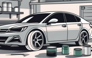 A car in a garage with visible layers of primer on its surface