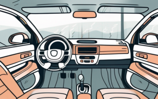 A car interior with foggy windows and a dehumidifier placed on the dashboard