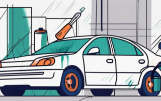 A car with a noticeable paint scratch being repaired with tools and paint
