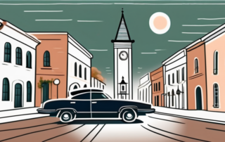 A car parked on a quaint street with a clock tower in the background