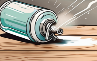 A spray can releasing a fine mist of matte clear coat onto a smooth wooden surface