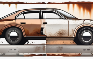 A car undergoing rust transformation with visible before and after sections
