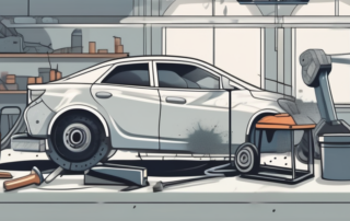 A car body in a workshop setting