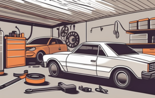 A car in an open garage with various maintenance tools scattered around