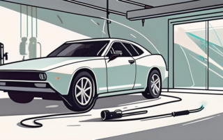 A car in a garage with a spray gun applying fresh paint to its surface