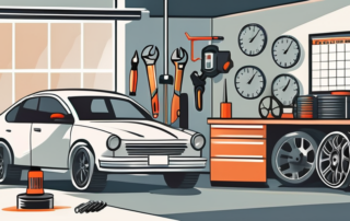 A car in a garage with various auto service tools and equipment around it