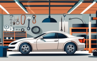 A car in a mechanic's garage with various inspection tools around it