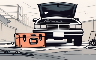 A damaged car parked on the side of a road with a wrench and a toolbox nearby