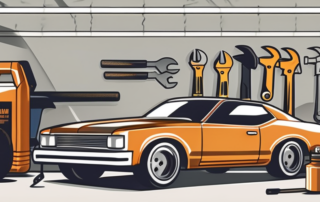 Various tools used for vehicle maintenance such as a wrench