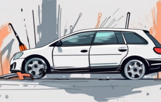 A car with small paint damages being repaired with tools and paint