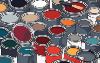 A variety of car paint cans with different colors and a paintbrush