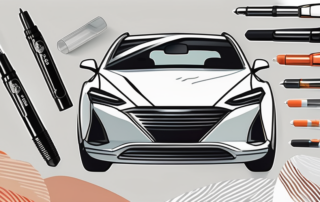 A clear lacquer touch-up pen with close-ups of its tip and cap